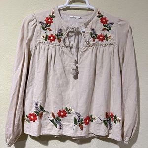 Tularosa Long Sleeve Embroidered Top Tan Boho Keyhole Tie Front Oversized XXS e1